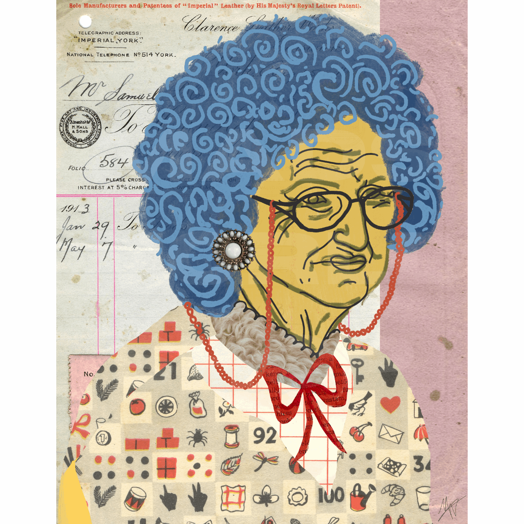 Blue Blue-haired secretary old woman mixed media
