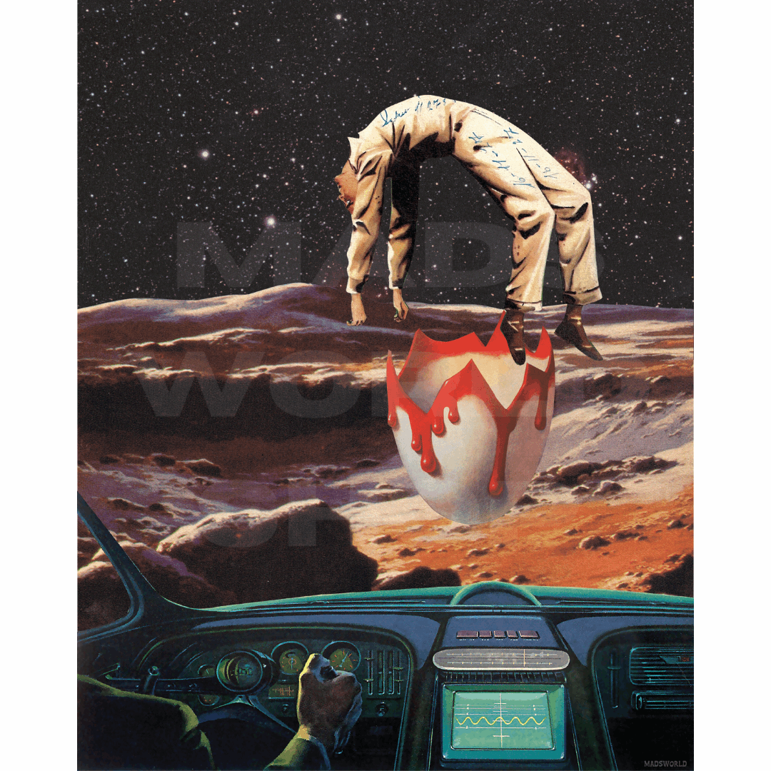 Man hatching from a bloody giant egg as someone in a spacecraft looks on in horror