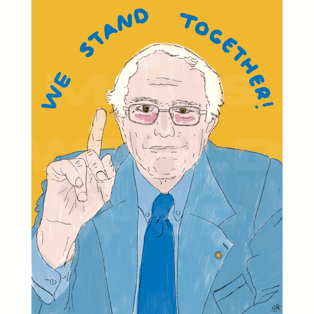 blue suit and tie with white hair and glasses under WE STAND TOGETHER! text on a yellow background.