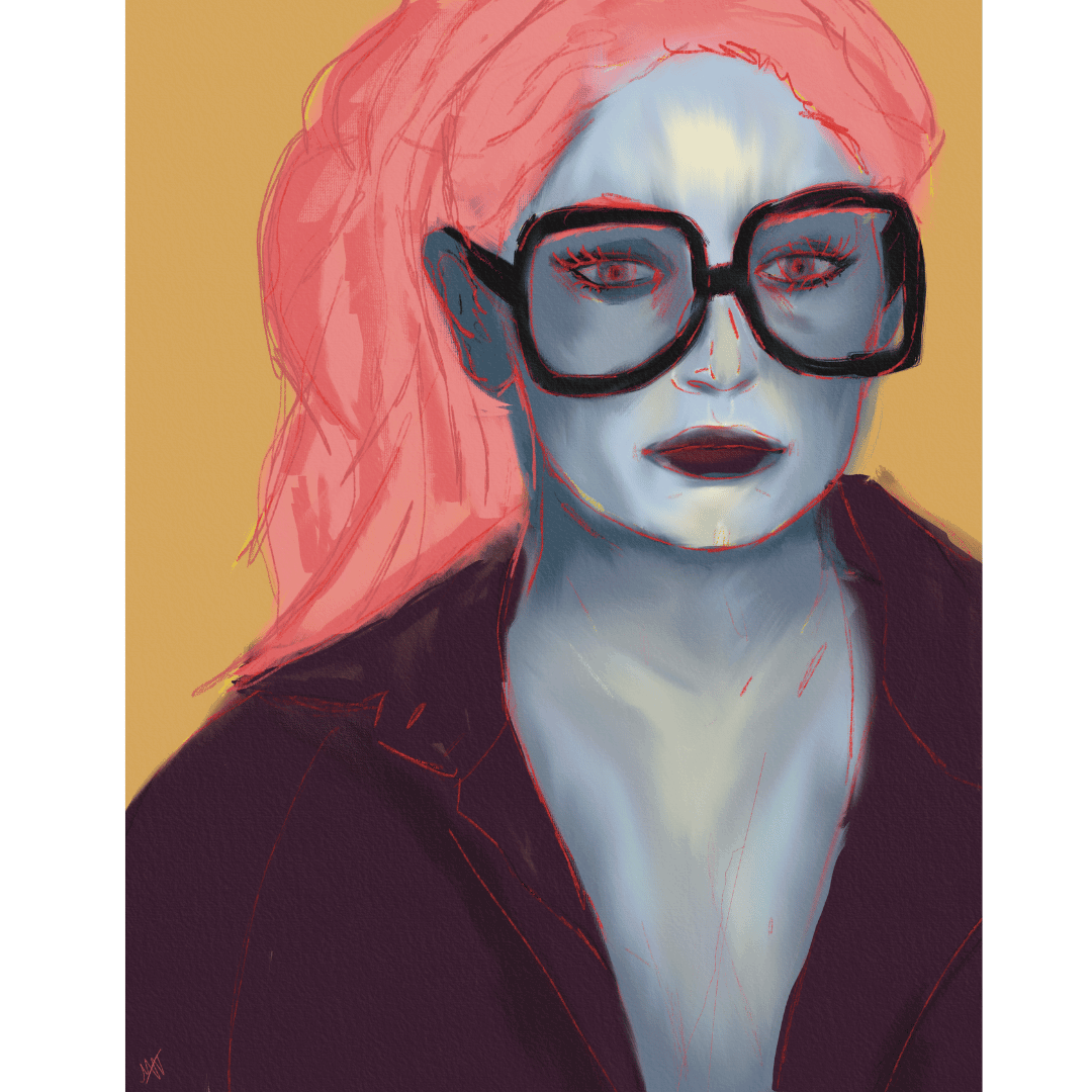blue-skinned, a bright pink ponytail, large black glasses, dark lipstick yellow background