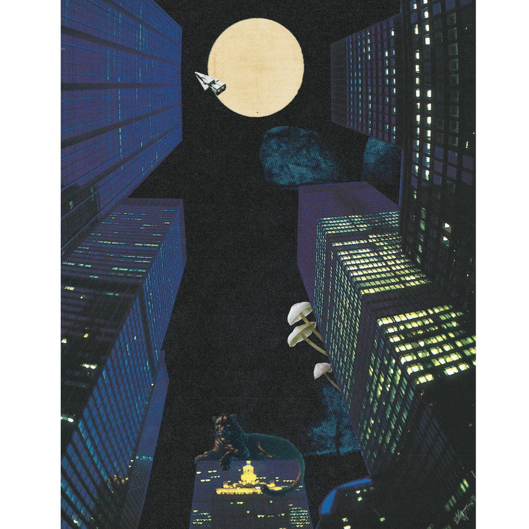 tall buildings at night, a large moon, a jaguar sitting on a smaller rooftop