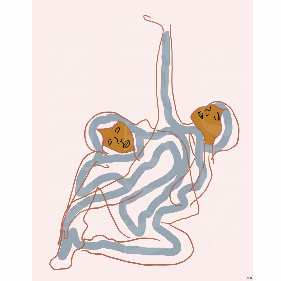 two abstract figures with brown faces, blue outlines, yellow accents, and a light pink background