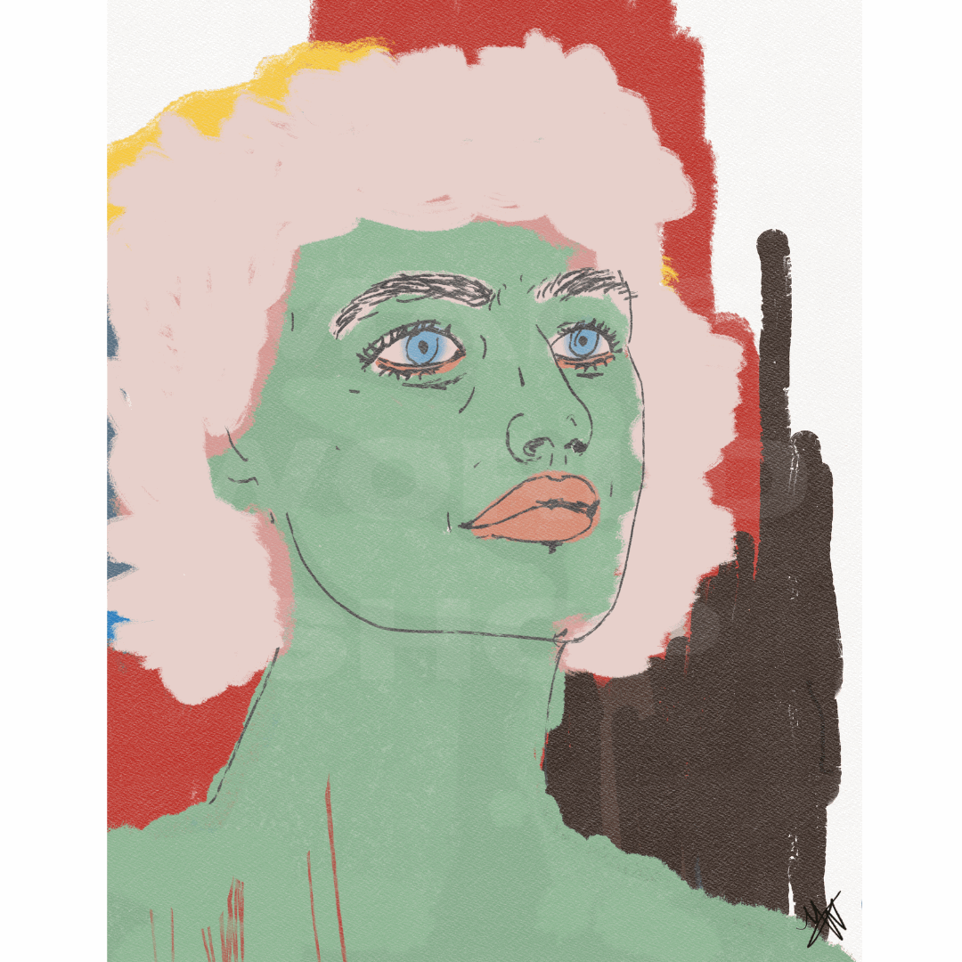 green-skinned character with blue eyes and pink lips against bold red and black