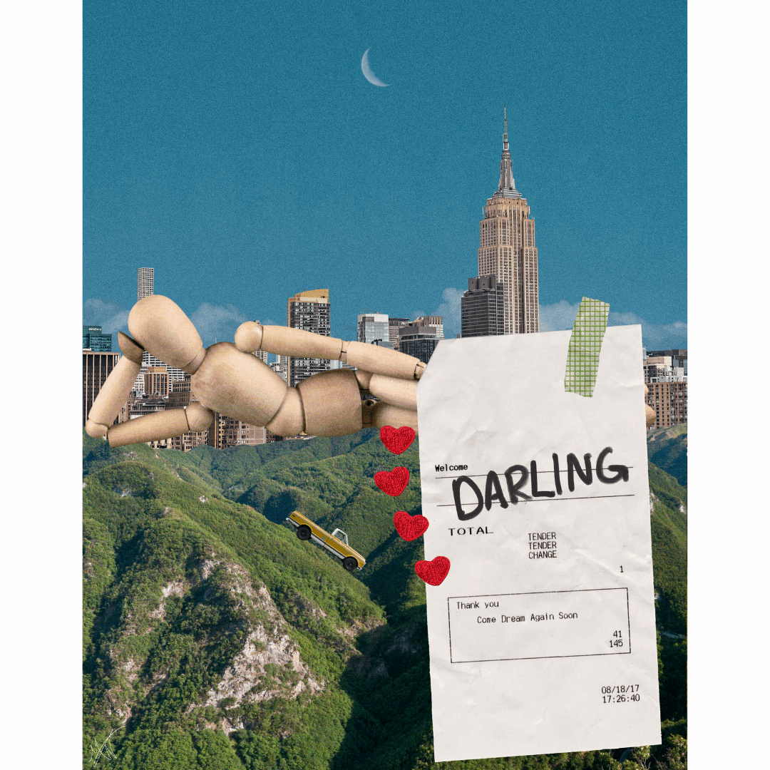a wooden mannequin on hills with red hearts, city skyline, crescent moon, receipt taped to hills