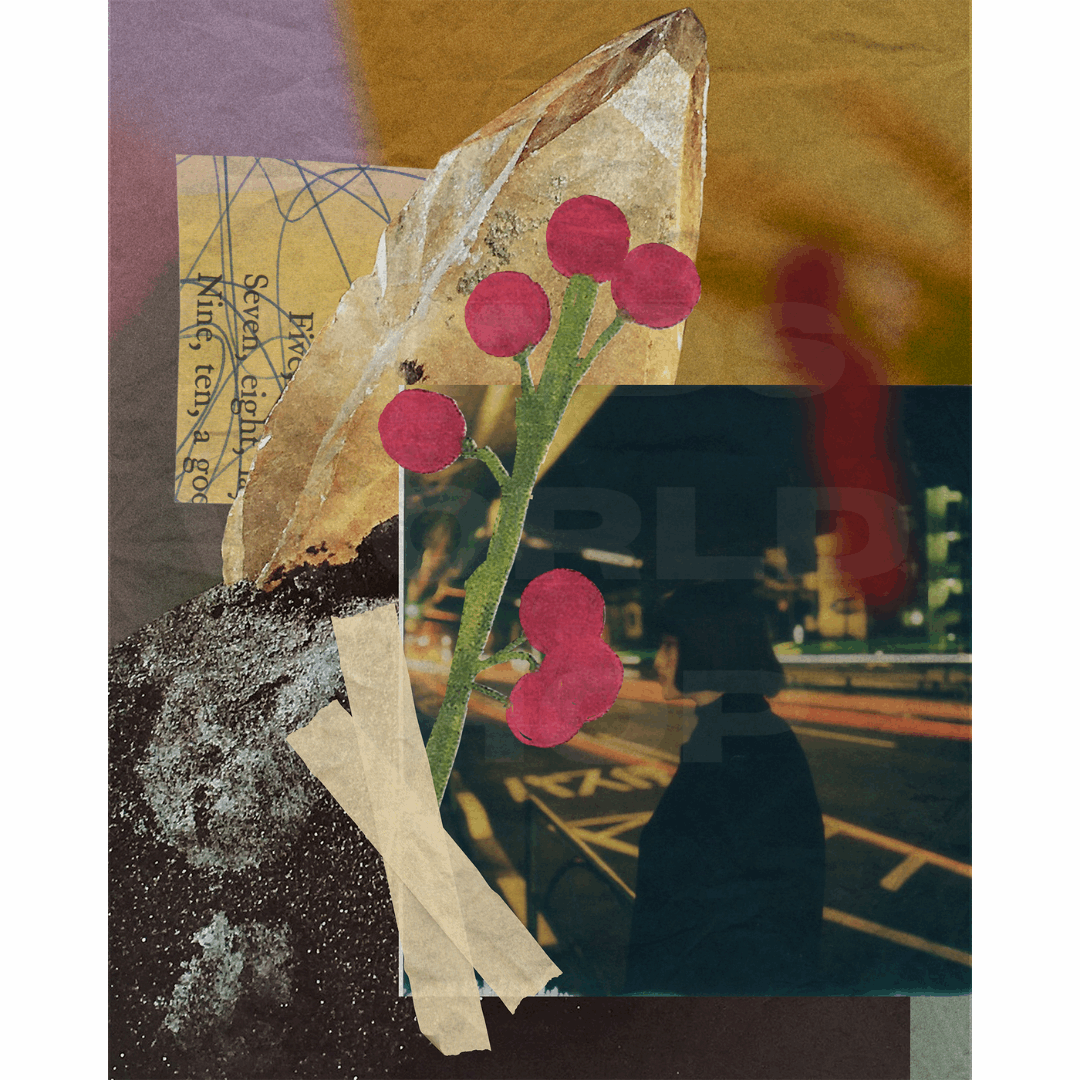 torn paper, red dots, green stems, and a person’s silhouette on a city street
