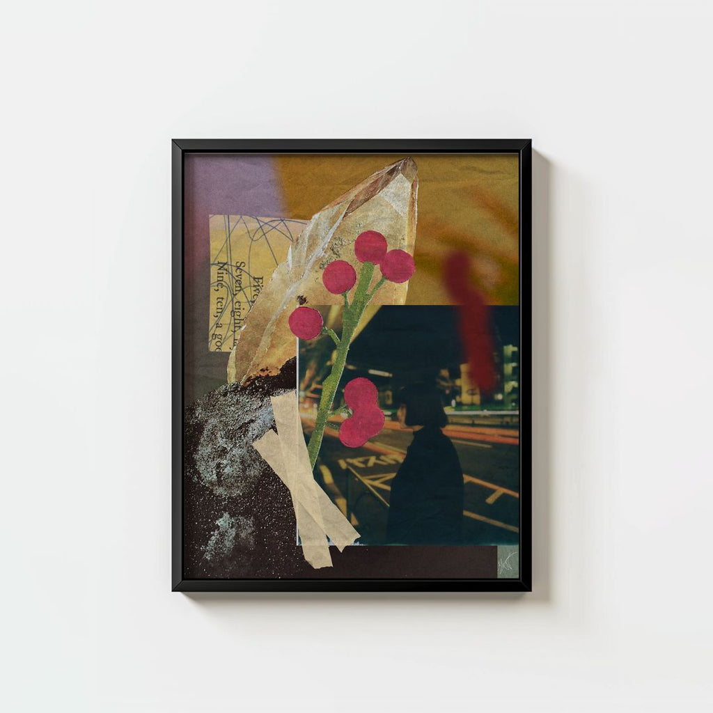 torn paper, red dots, green stems, and a person’s silhouette on a city street