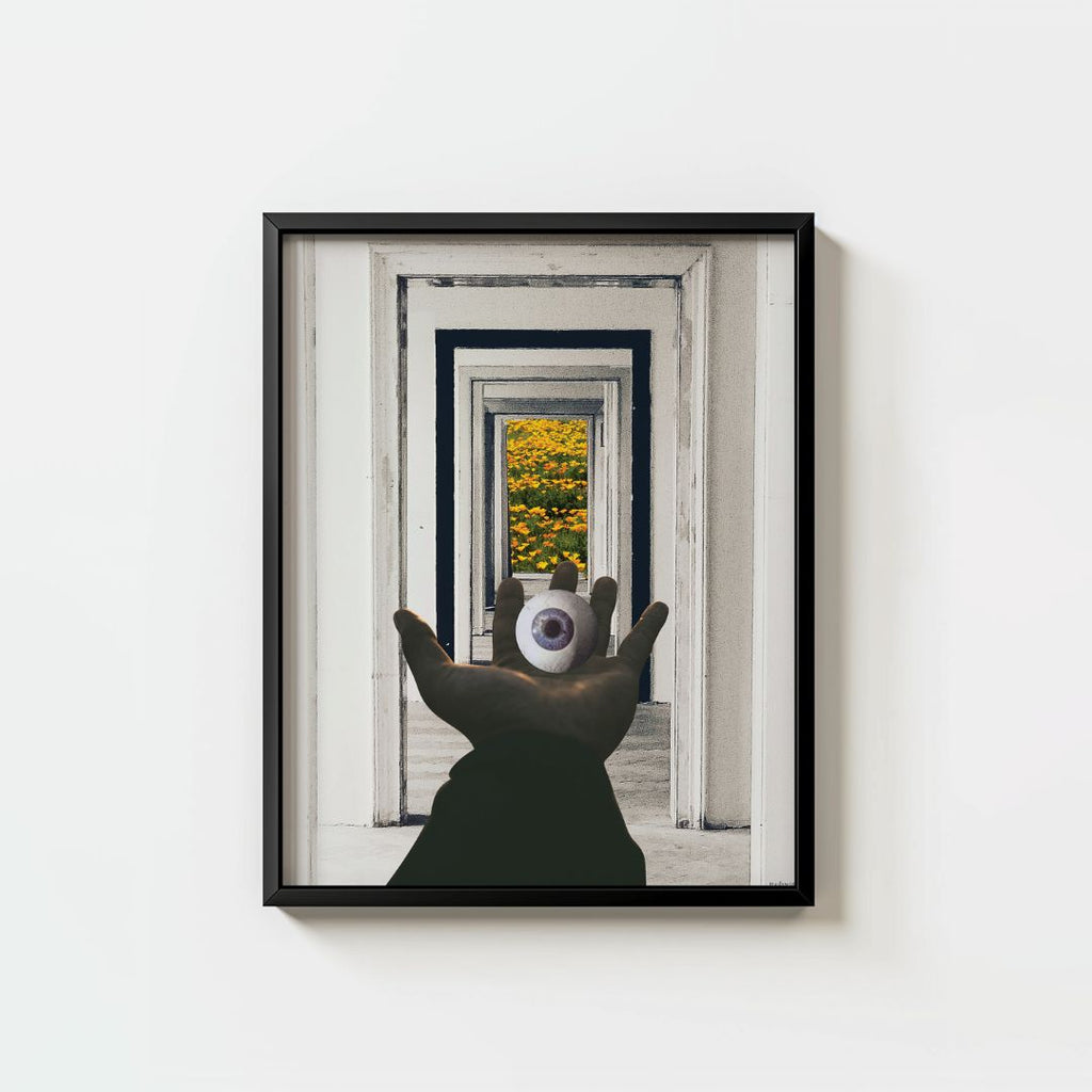 hand holding a realistic eyeball amid receding doorways, with striking yellow foliage beyond