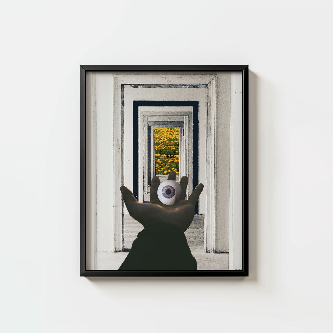 hand holding a realistic eyeball amid receding doorways, with striking yellow foliage beyond