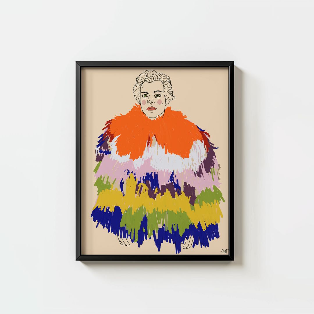 multicolored fringed coat against a beige background