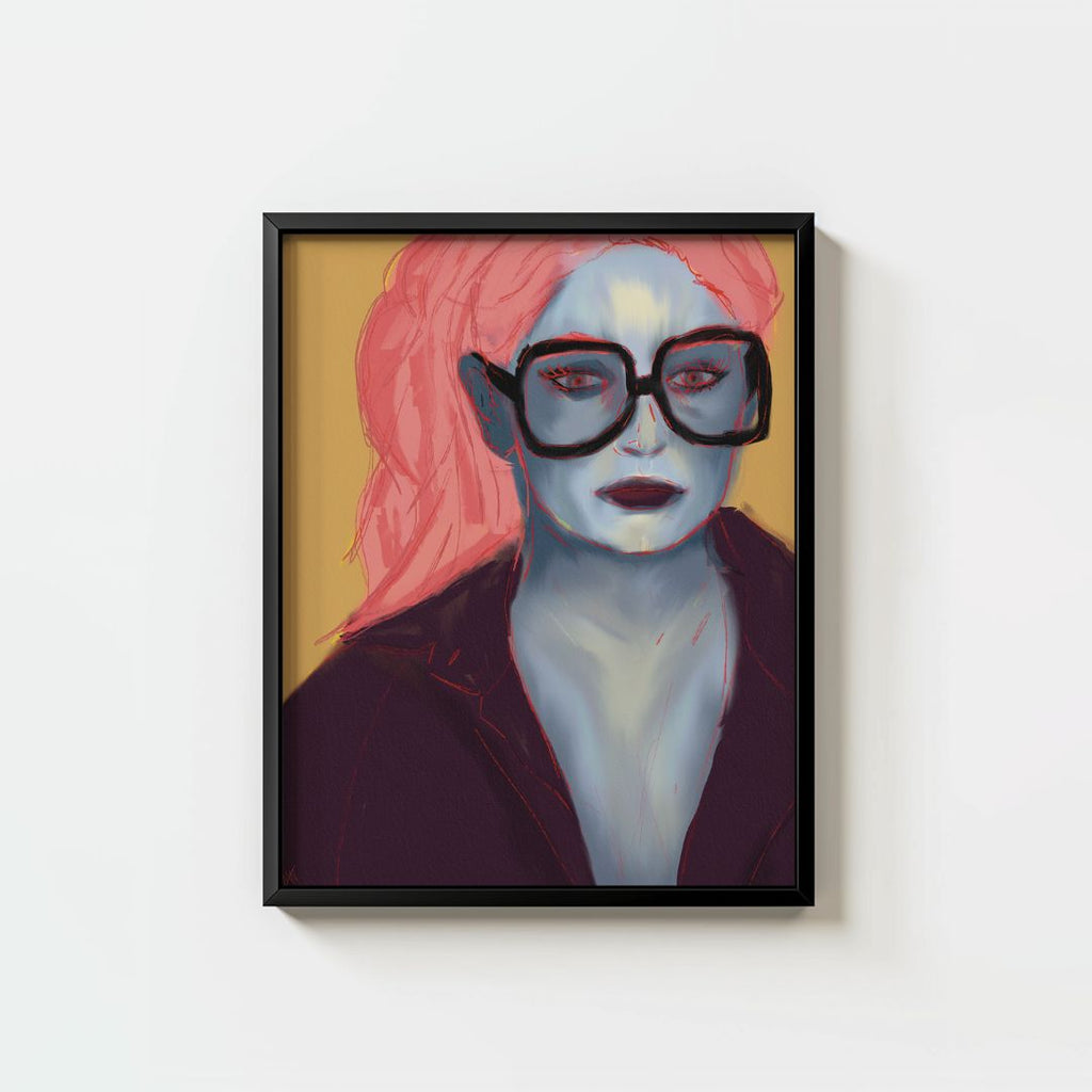 blue-skinned, a bright pink ponytail, large black glasses, dark lipstick yellow background