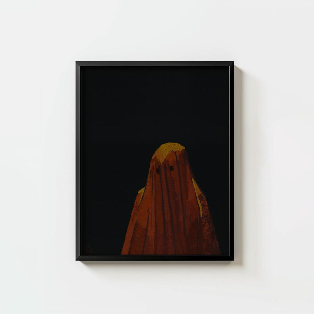 ghostly figure in reddish-brown cloth with eye holes on a solid black background