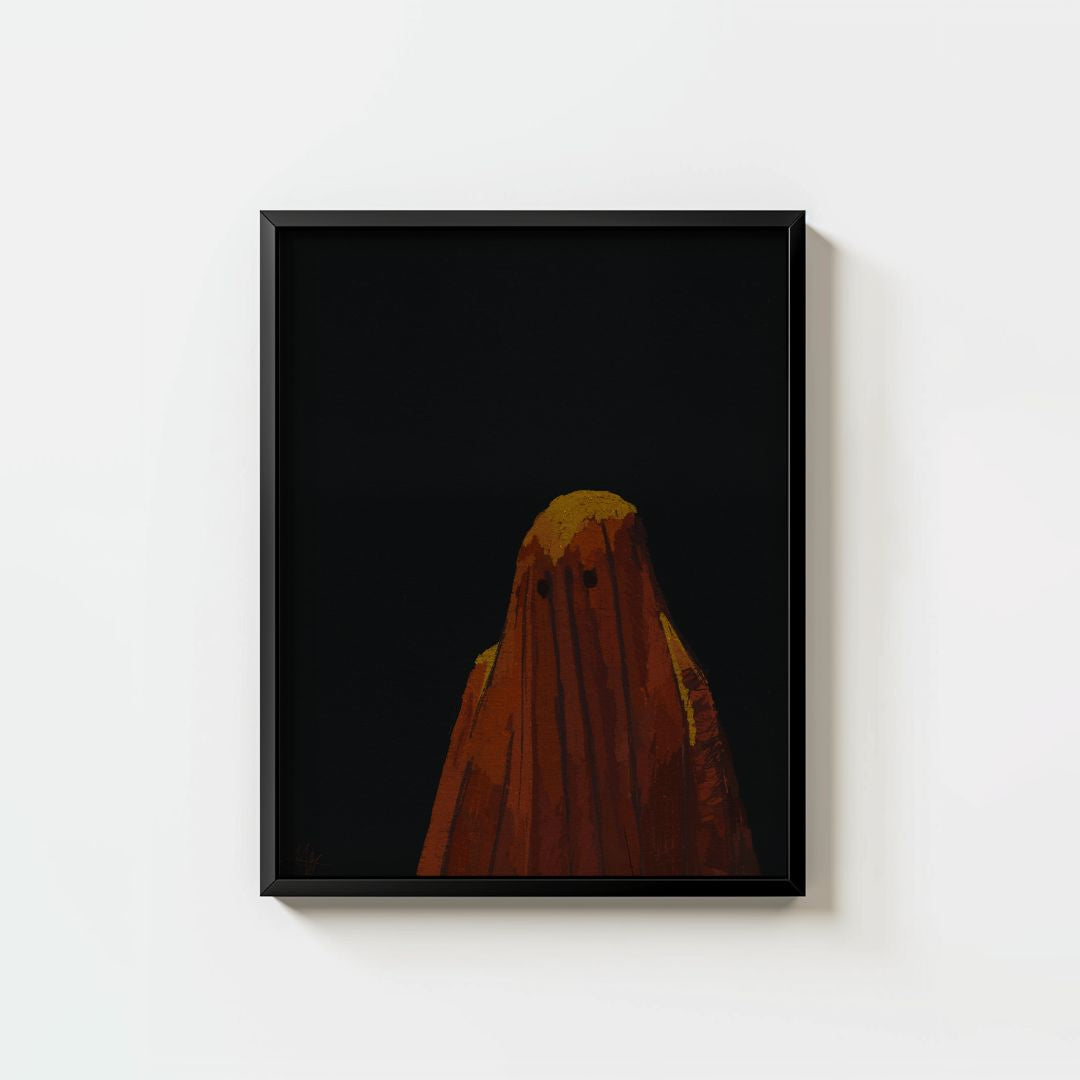 ghostly figure in reddish-brown cloth with eye holes on a solid black background