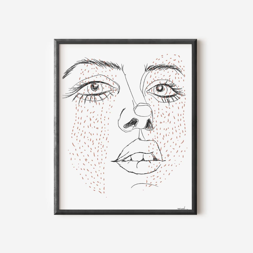 A woman's face with red dashed freckles, set against a white background