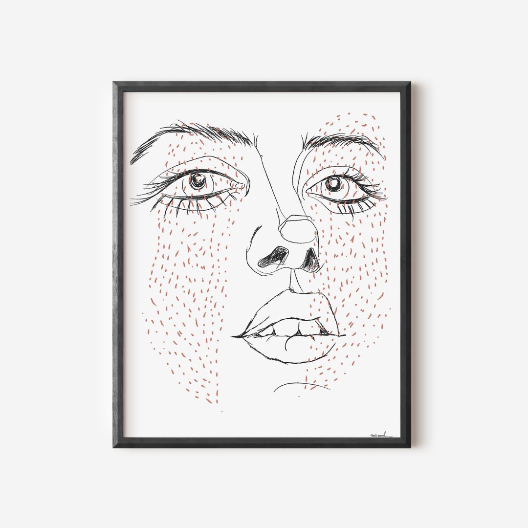 A woman's face with red dashed freckles, set against a white background