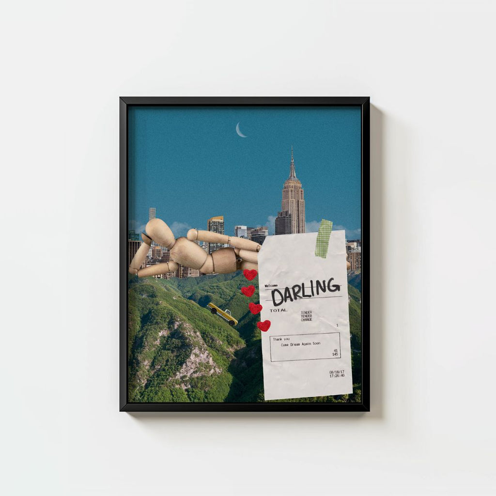 a wooden mannequin on hills with red hearts, city skyline, crescent moon, receipt taped to hills