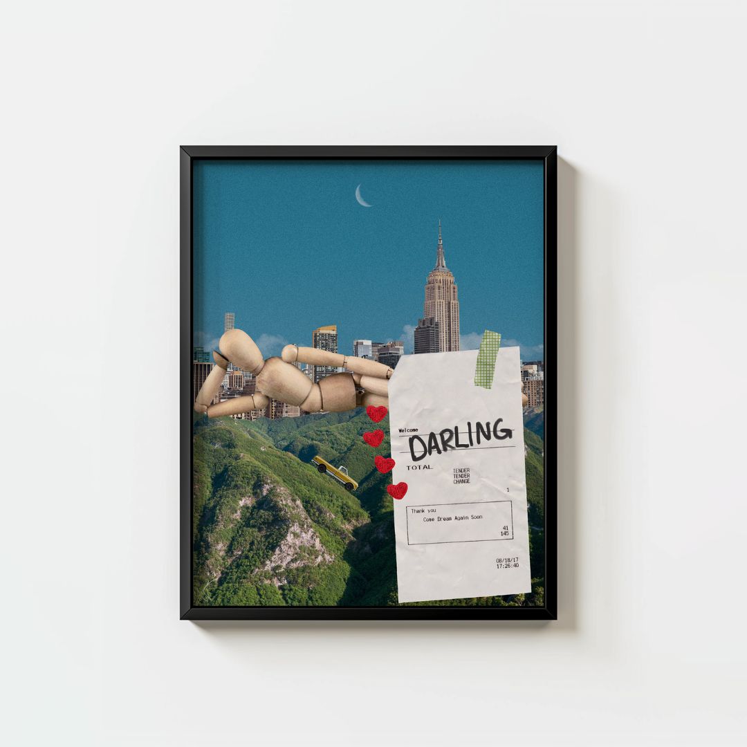 a wooden mannequin on hills with red hearts, city skyline, crescent moon, receipt taped to hills