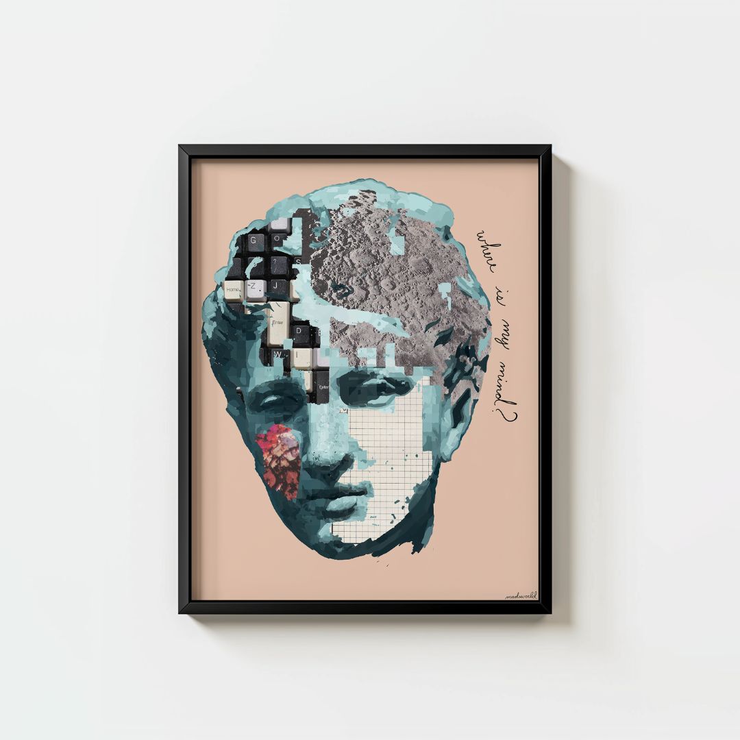 marble statue head, detailed with grids and digital textures, cursive text, a beige background.