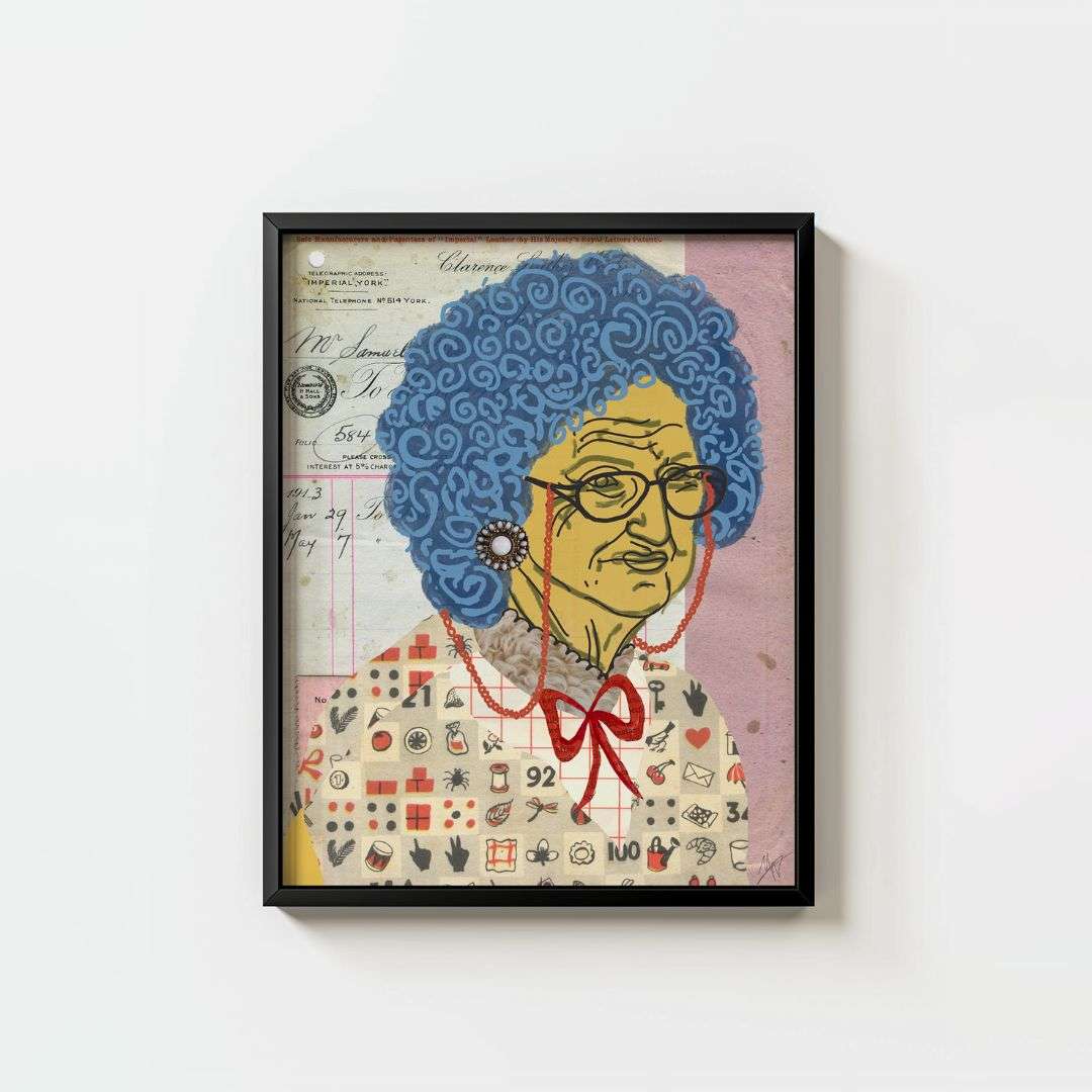 Blue Blue-haired secretary old woman mixed media