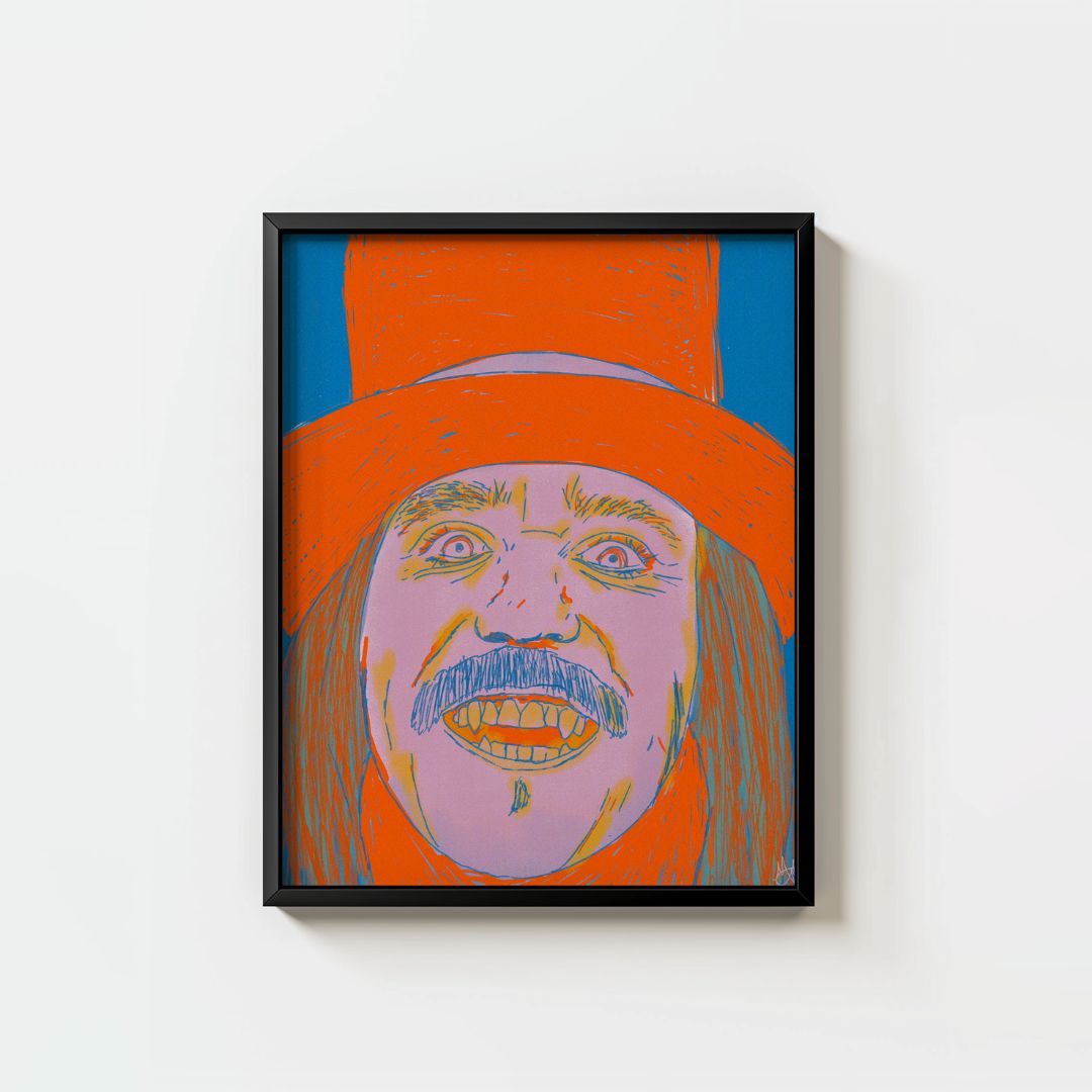 The Risograph Inspired Dracula wall art from Madsworld Shop features a bold pop art portrait with vivid orange, blue, and pink tones, depicting a wide-mouthed figure in a large red hat with long hair and a mustache.