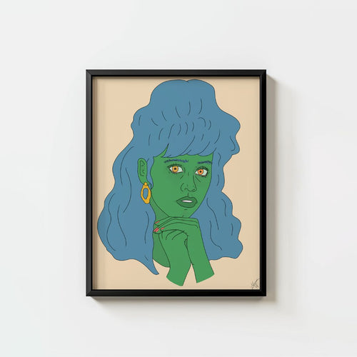green-skinned woman with yellow, blue hair, gold hoop earrings, resting her chin on her hands 