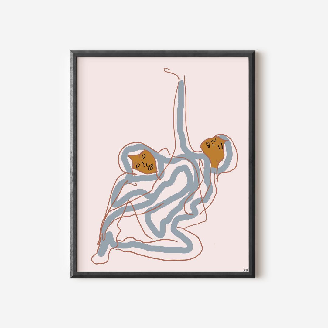 two abstract figures with brown faces, blue outlines, yellow accents, and a light pink background