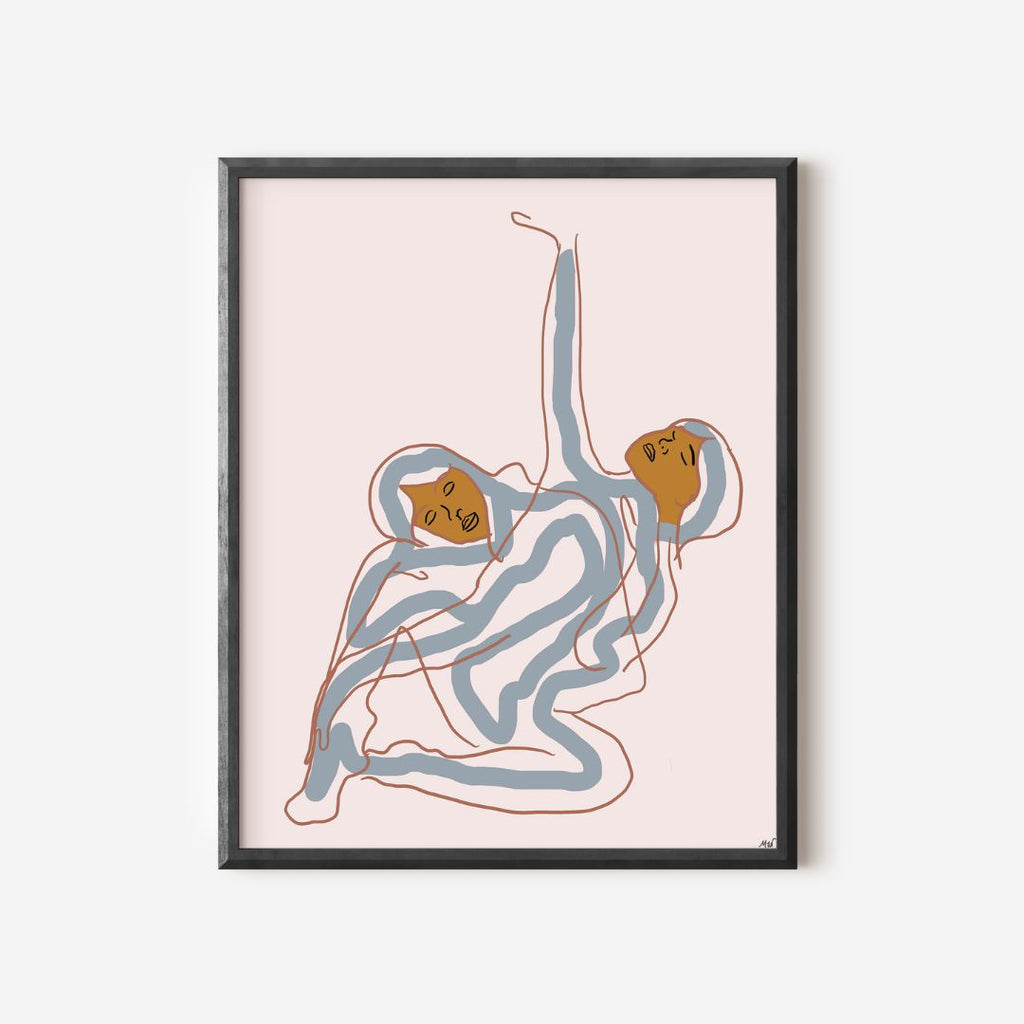 two abstract figures with brown faces, blue outlines, yellow accents, and a light pink background