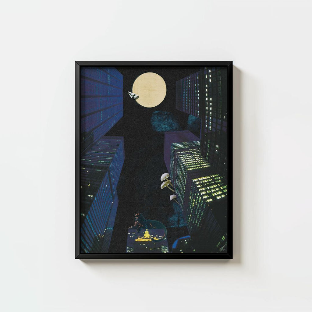 tall buildings at night, a large moon, a jaguar sitting on a smaller rooftop
