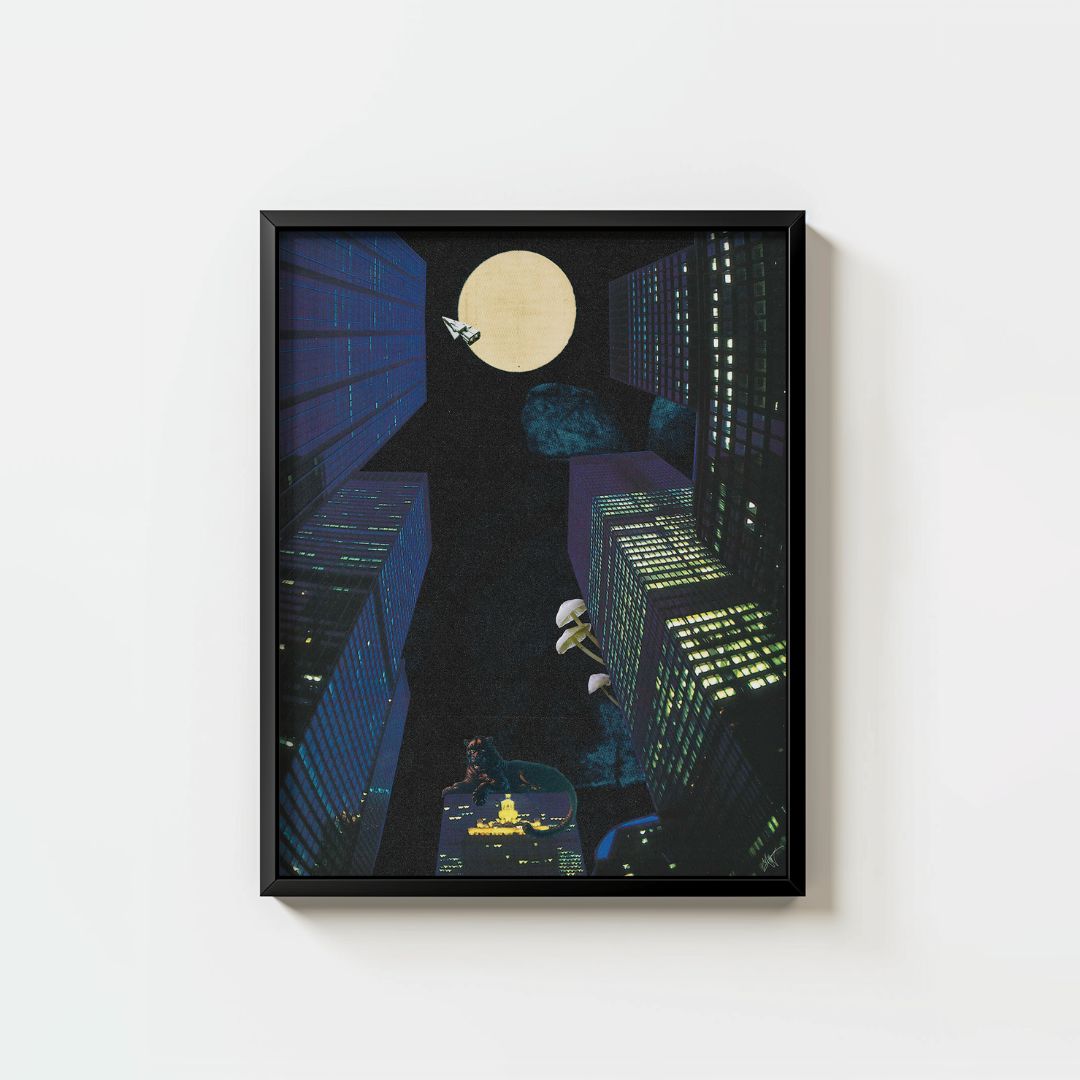 tall buildings at night, a large moon, a jaguar sitting on a smaller rooftop