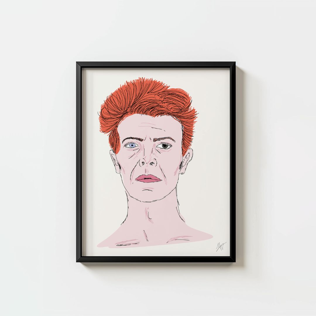 pale skin, red hair, and heterochromia on a white background—perfect for art lovers and Bowie fans.