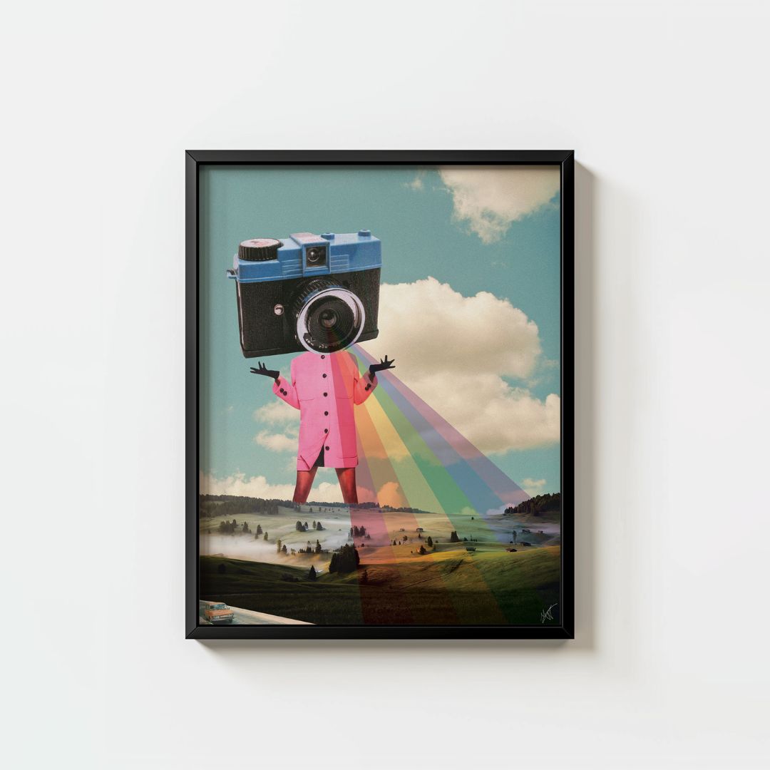 a person with a camera head in a pink coat, with colorful beams over green hills