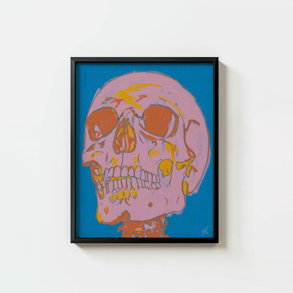 pink and orange skull on blue background
