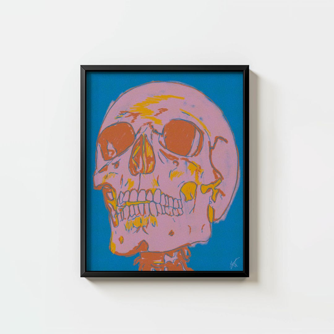 pink and orange skull on blue background