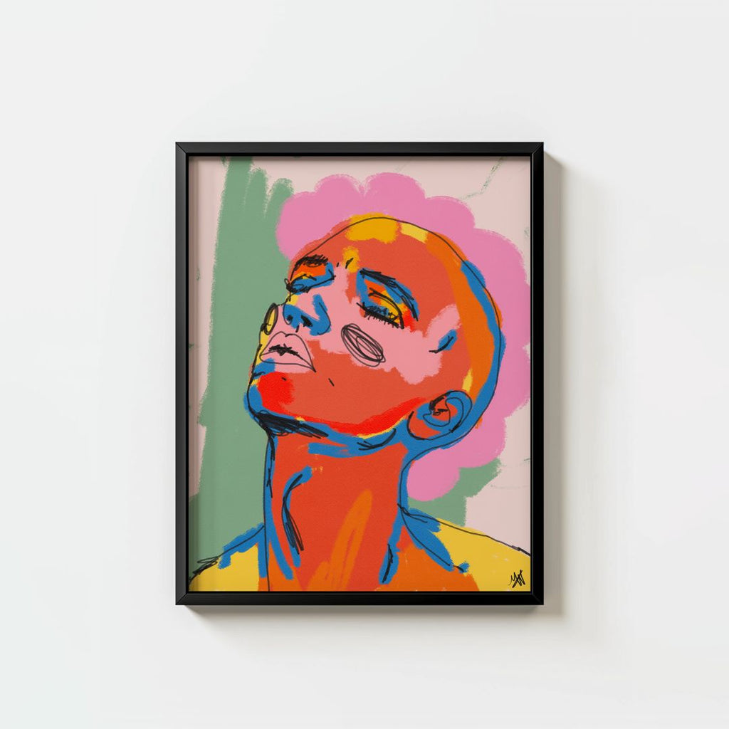 closed eyes, head tilted back, and vibrant hues of orange, pink, red, blue, and green 