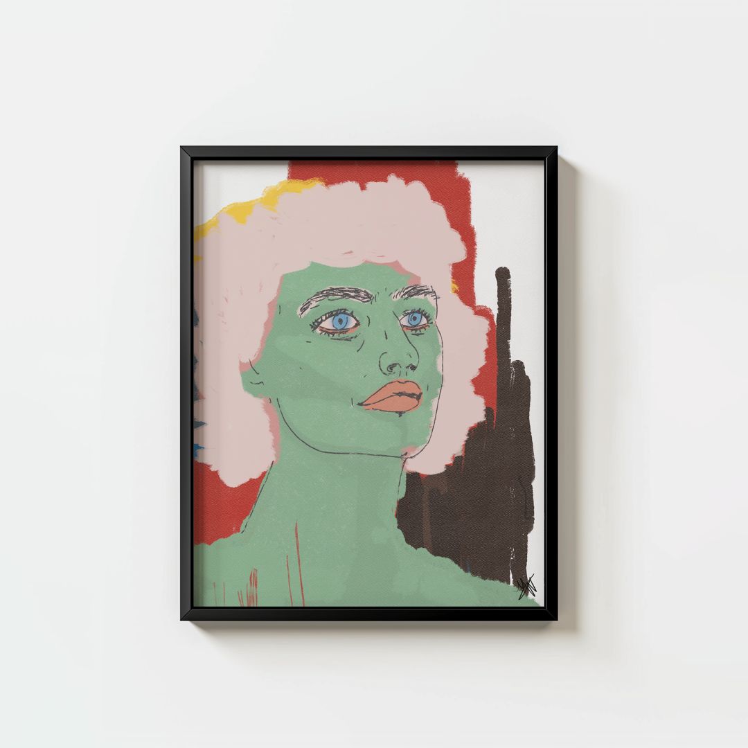 green-skinned character with blue eyes and pink lips against bold red and black