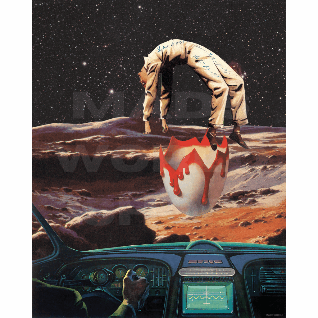 Man hatching from a bloody giant egg as someone in a spacecraft looks on in horror