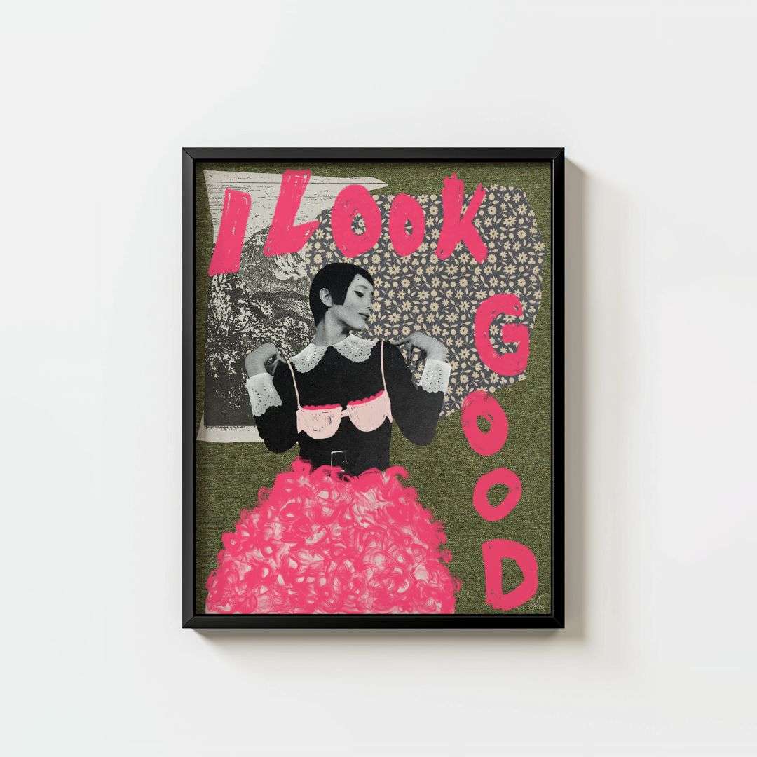 drawn Hot pink skirt over black and white image of a girl that says I look good