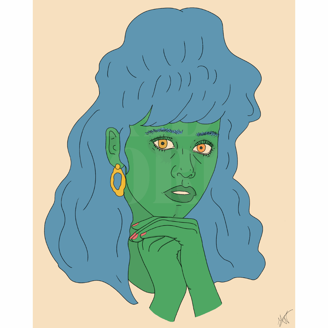 green-skinned woman with yellow eyes, blue hair, gold hoop earrings, resting her chin on her hands