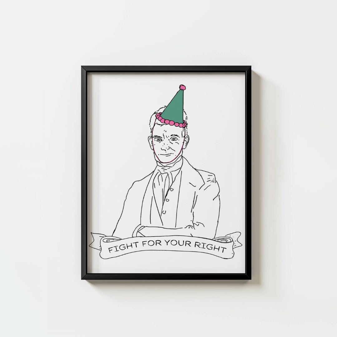 John brown in a colorful party hat with  “FIGHT FOR YOUR RIGHT” banner