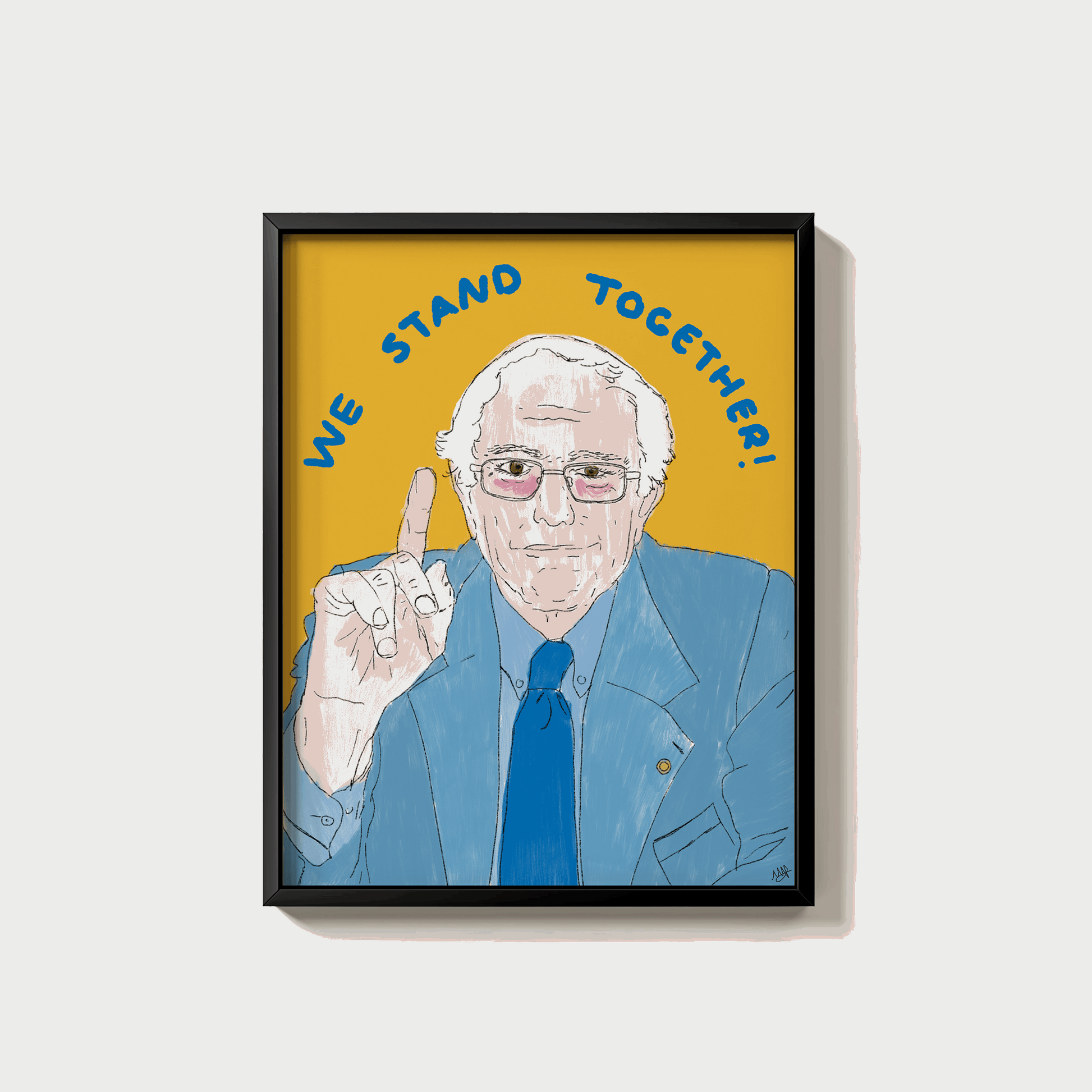 blue suit and tie with white hair and glasses under WE STAND TOGETHER! text on a yellow background.
