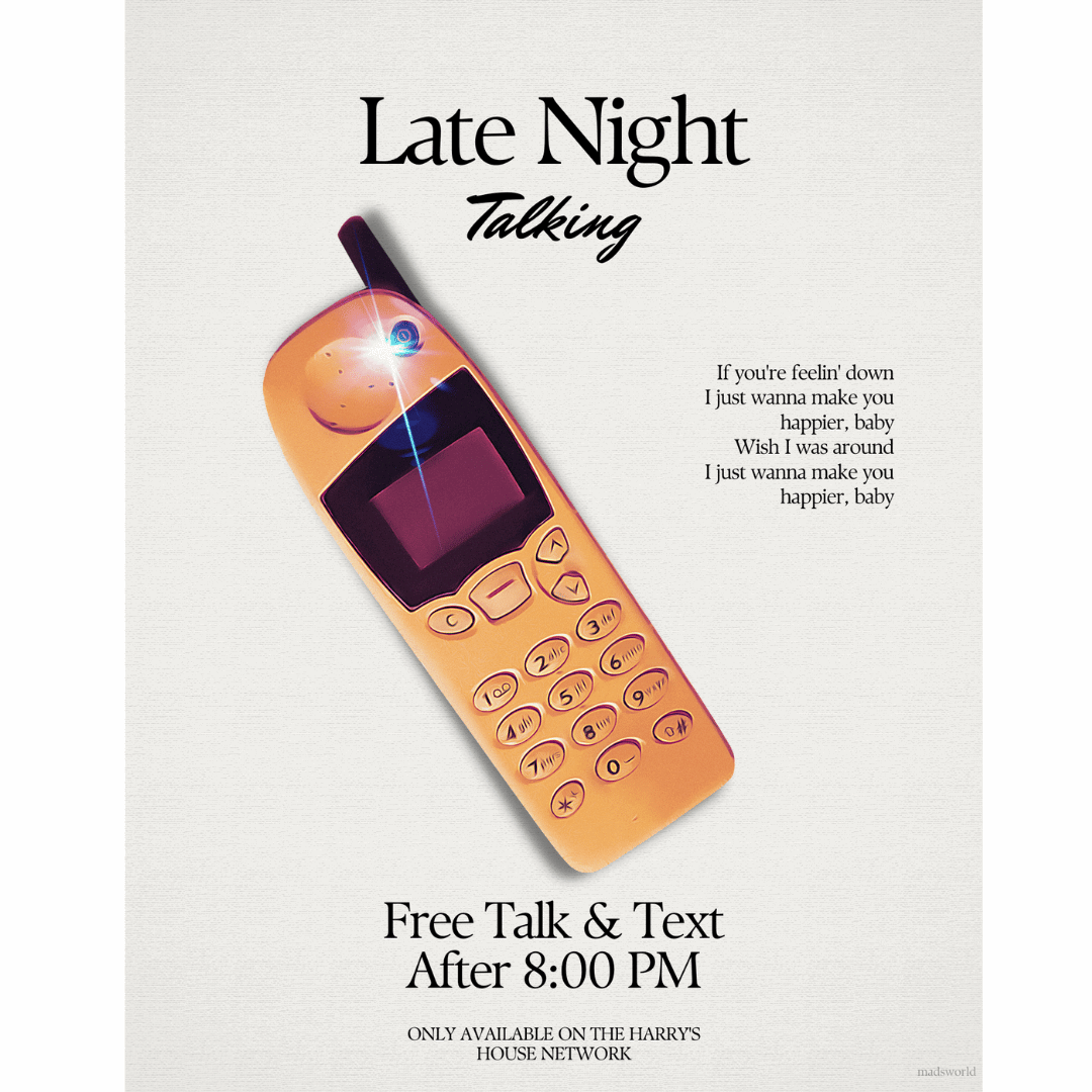 Late Night Talking yellow phone artwork, a short poem, and free talk & text after 8 PM HSLOT