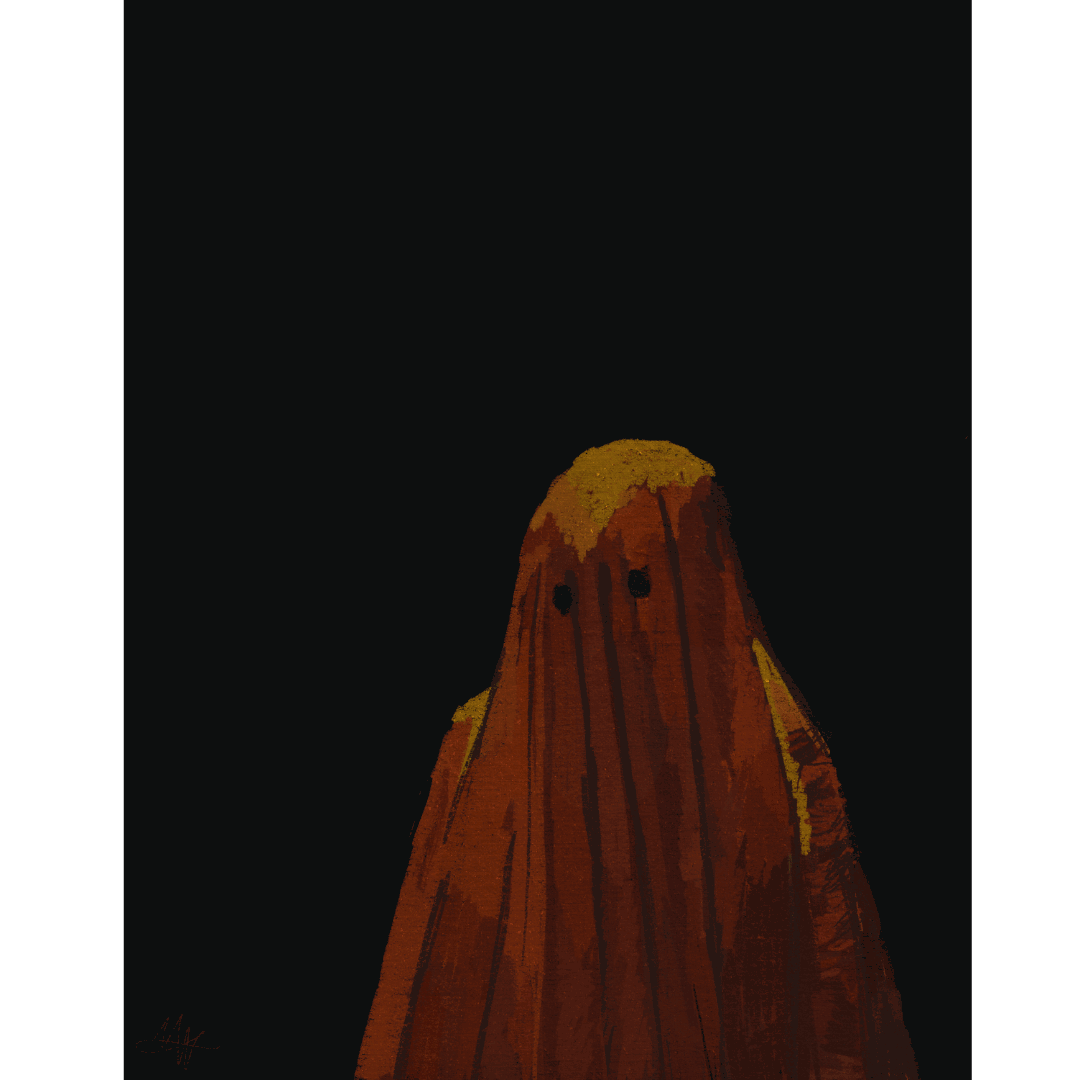 ghostly figure in reddish-brown cloth with eye holes on a solid black background
