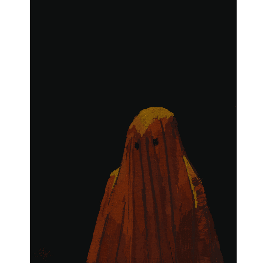 ghostly figure in reddish-brown cloth with eye holes on a solid black background