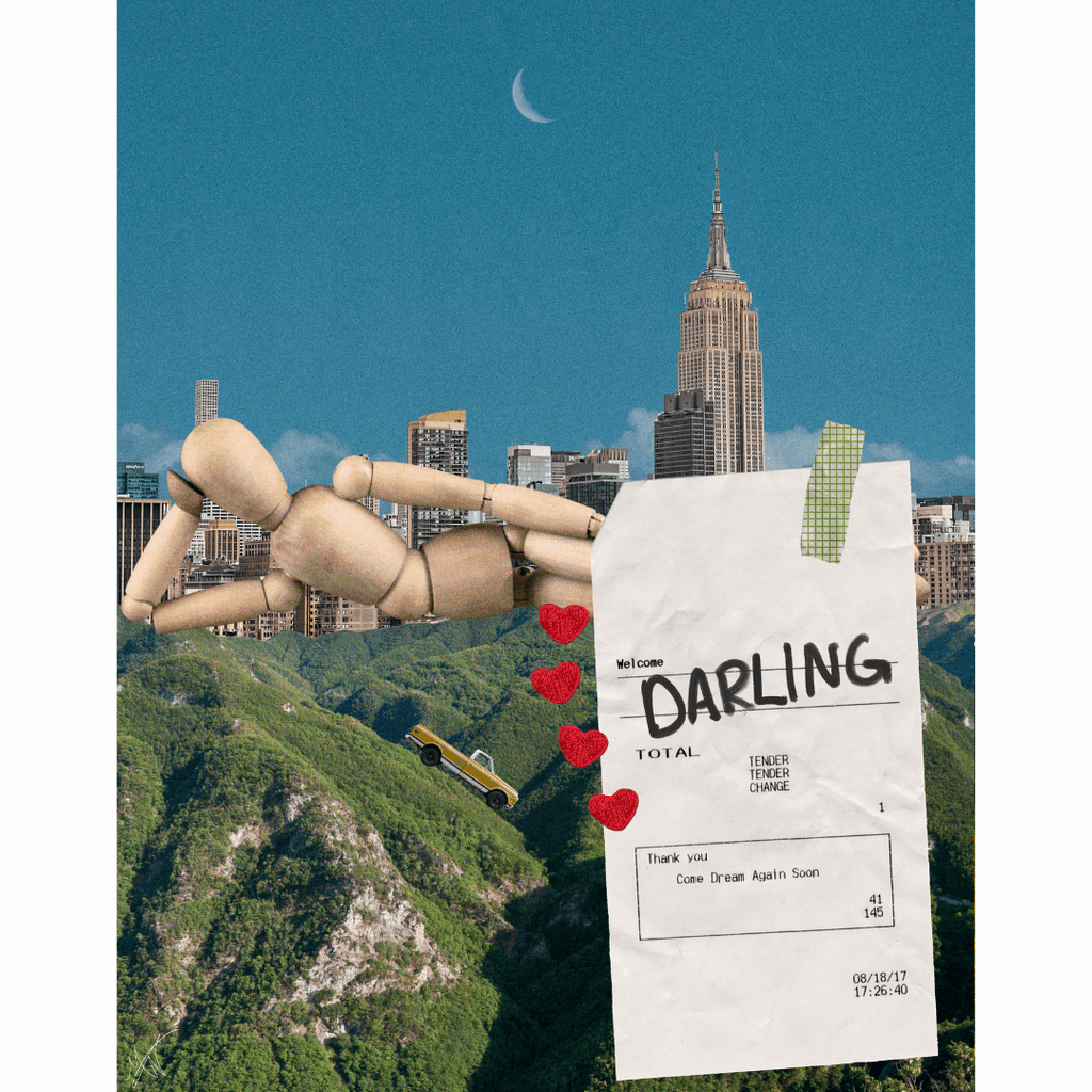 a wooden mannequin on hills with red hearts, city skyline, crescent moon, receipt taped to hills
