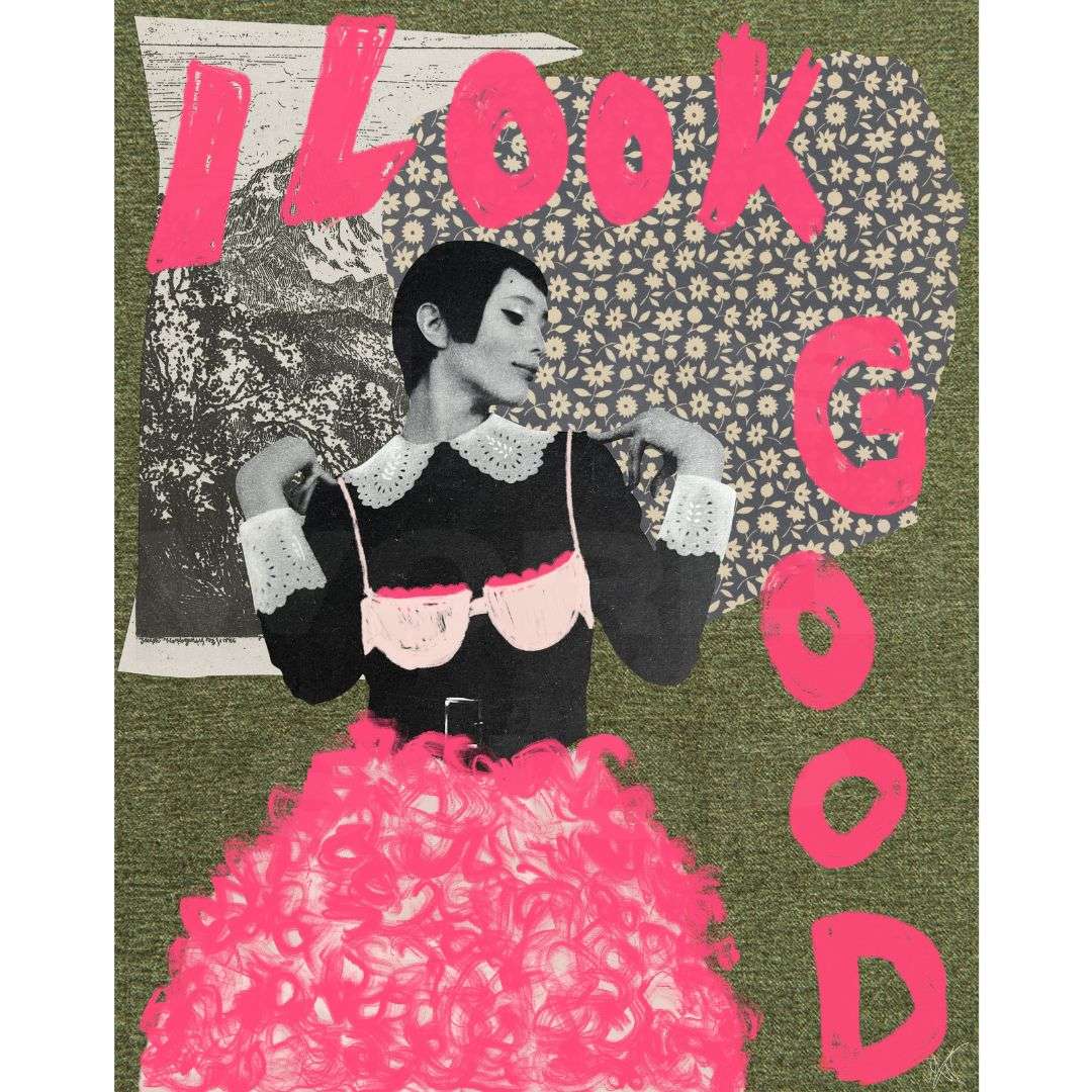 drawn Hot pink skirt over black and white image of a girl that says I look good