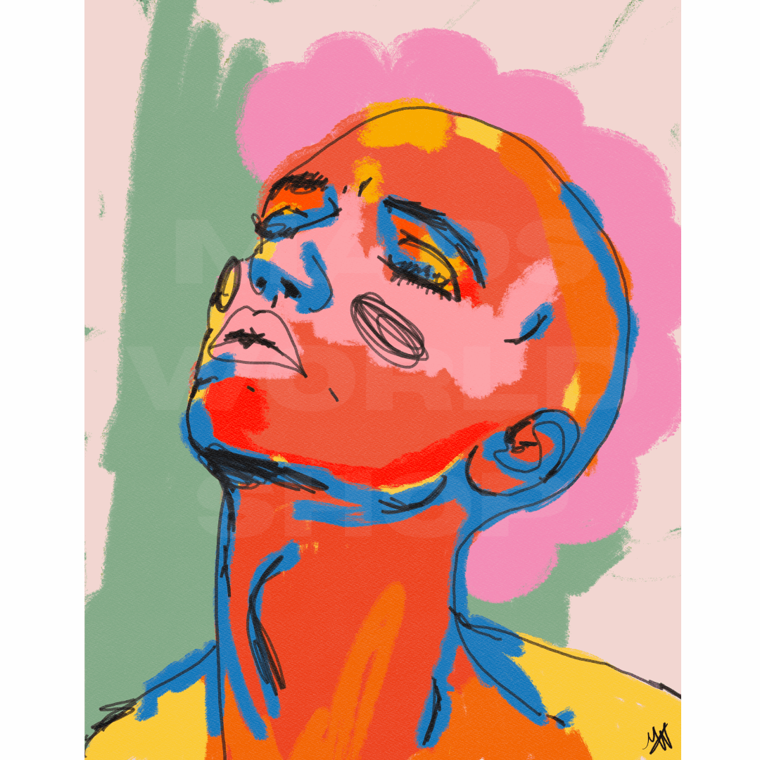  closed eyes, head tilted back, and vibrant hues of orange, pink, red, blue, and green 