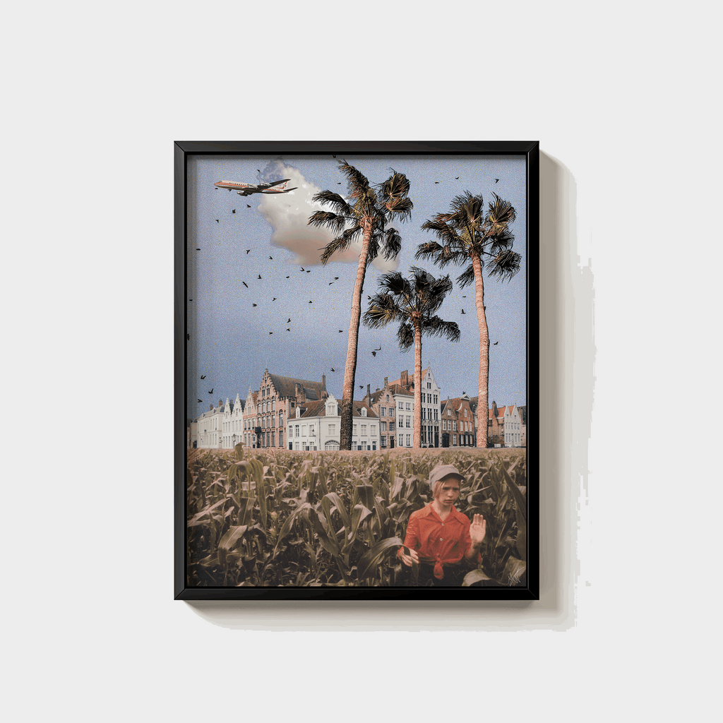 before European-style buildings and palm trees, an airplane, blending small-town nostalgia