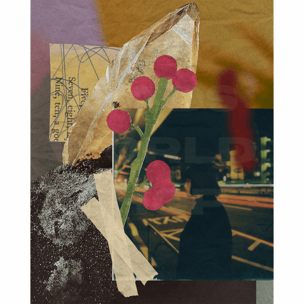 torn paper, red dots, green stems, and a person’s silhouette on a city street