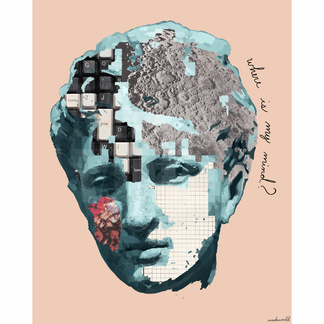 marble statue head, detailed with grids and digital textures, cursive text, a beige background.